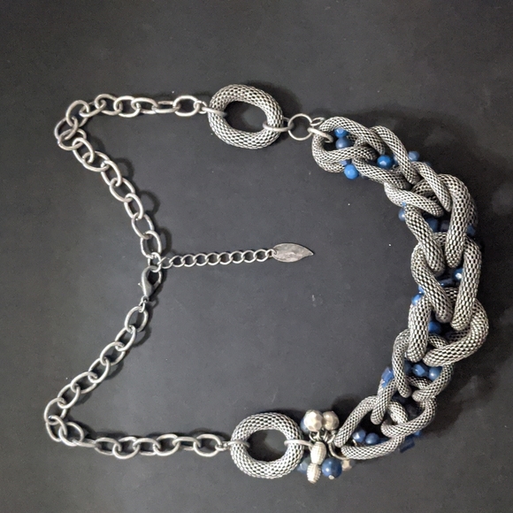 Coldwater Creek Jewelry - Coldwater Creek Silver Tone Mesh Link Blue Bead Chunky Statement Necklace